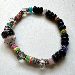 One of a kind Maneki Neko Lucky Cat stretch Bracelet size 6.75"